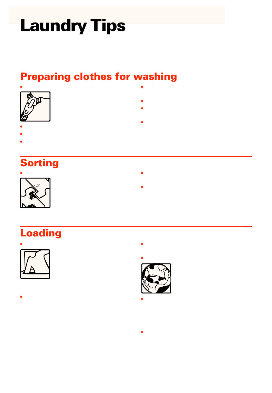 Laundry tips, Preparing clothes for washing, Sorting/loading | Sorting, Loading | Whirlpool 3950306 User Manual | Page 12 / 24
