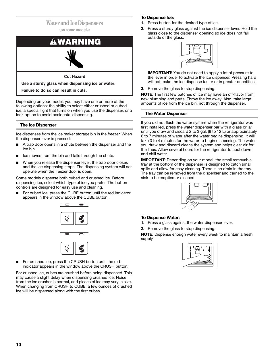 Warning, Water and ice dispensers | Whirlpool 2308045 User Manual | Page 10 / 24