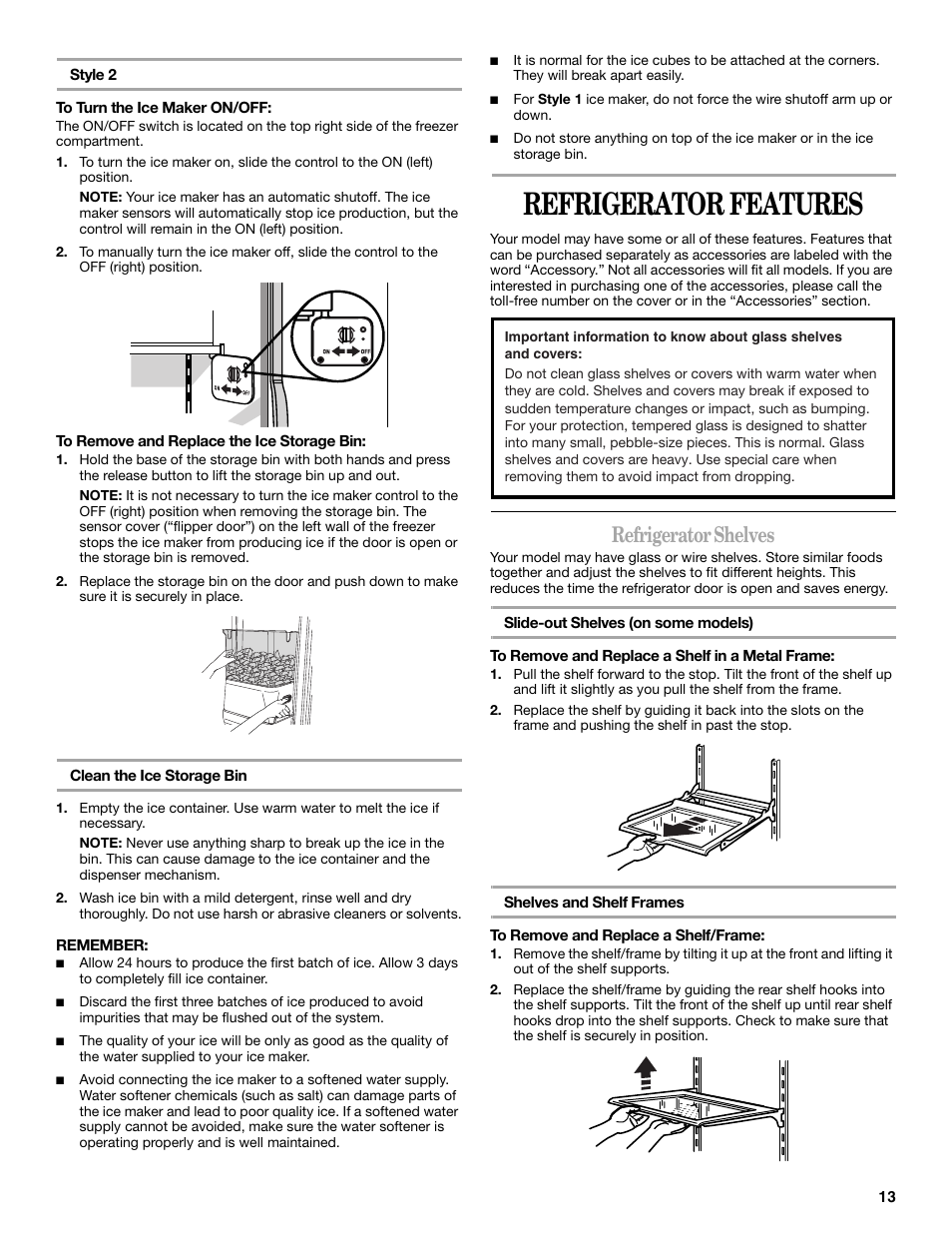 Refrigerator features, Refrigerator shelves | Whirlpool 2308045 User Manual | Page 13 / 24