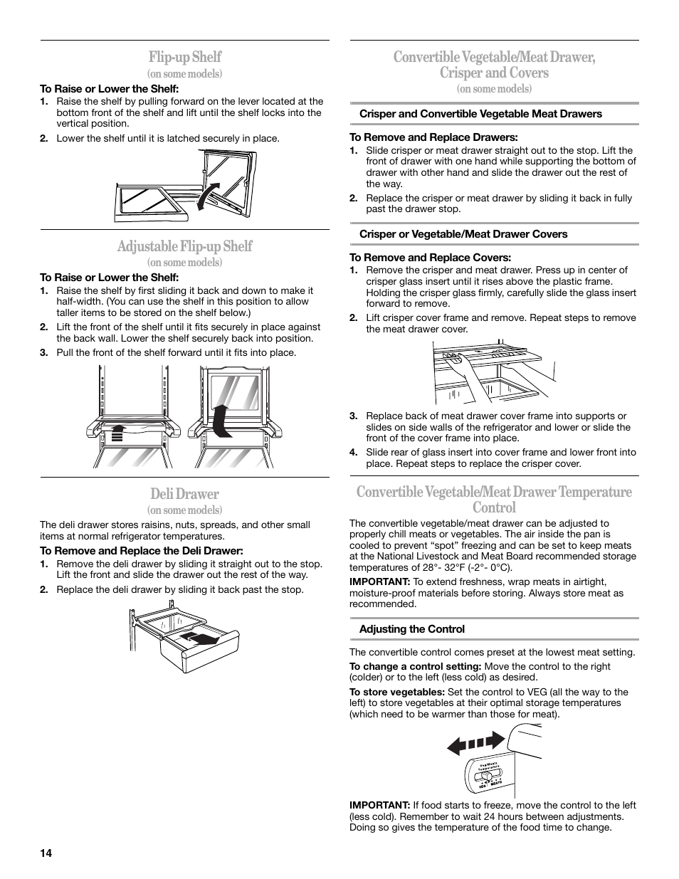 Flip-up shelf, Adjustable flip-up shelf, Deli drawer | Whirlpool 2308045 User Manual | Page 14 / 24