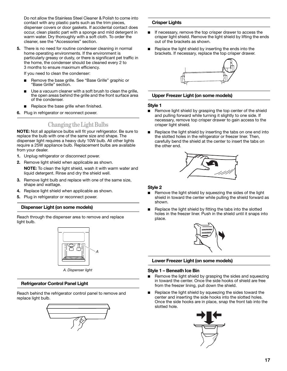 Changing the light bulbs | Whirlpool 2308045 User Manual | Page 17 / 24