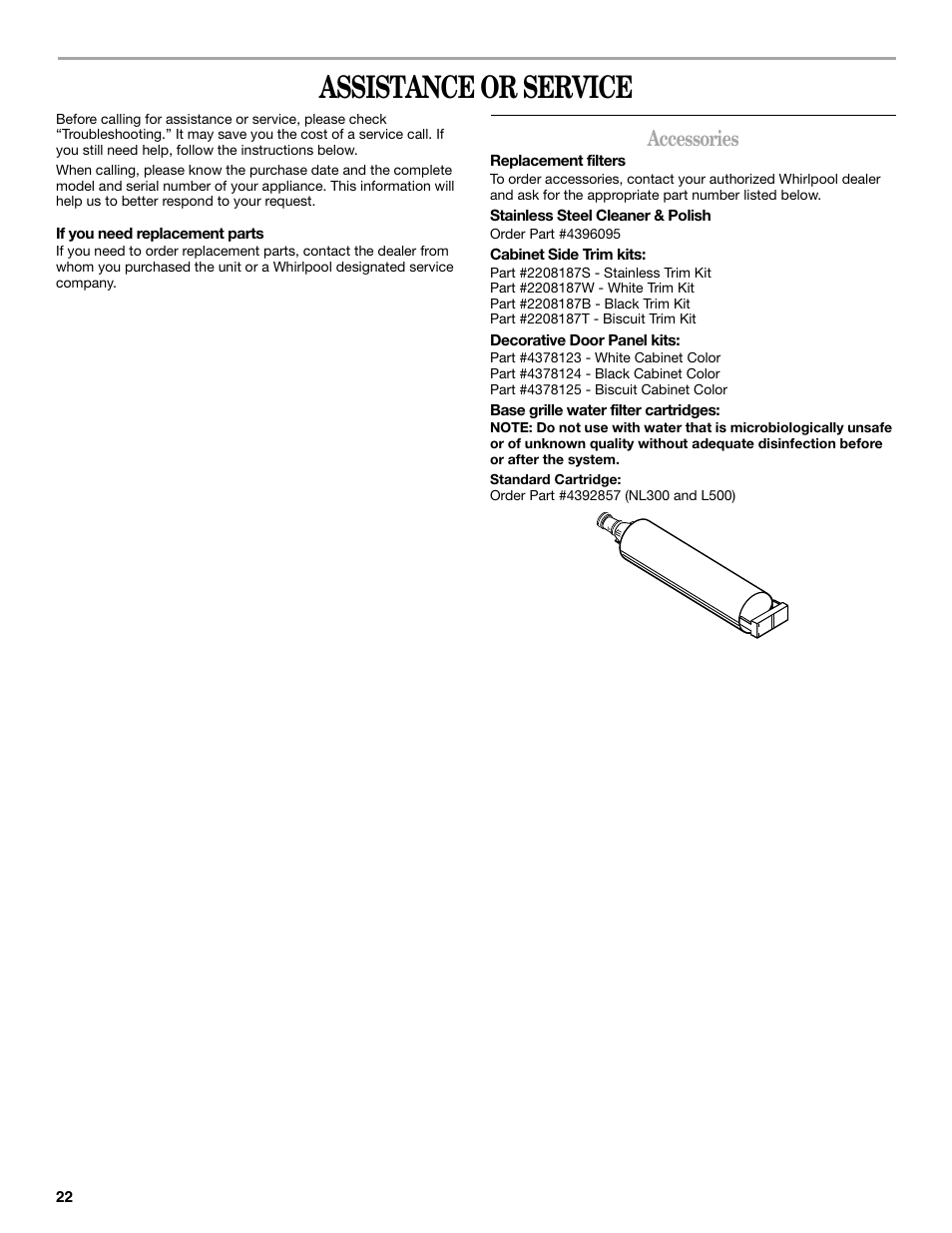 Assistance or service, Accessories | Whirlpool 2308045 User Manual | Page 22 / 24