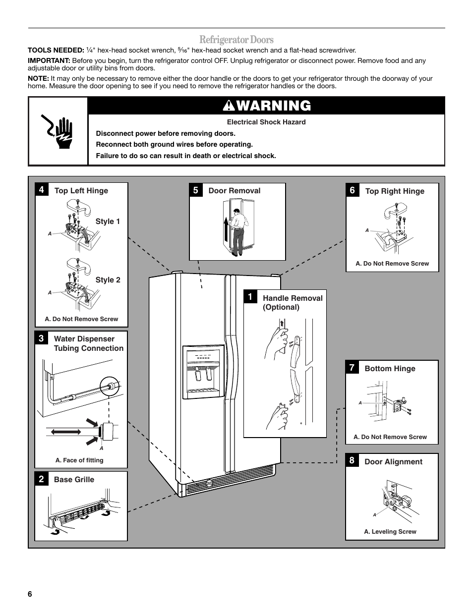 Warning, Refrigerator doors | Whirlpool 2308045 User Manual | Page 6 / 24