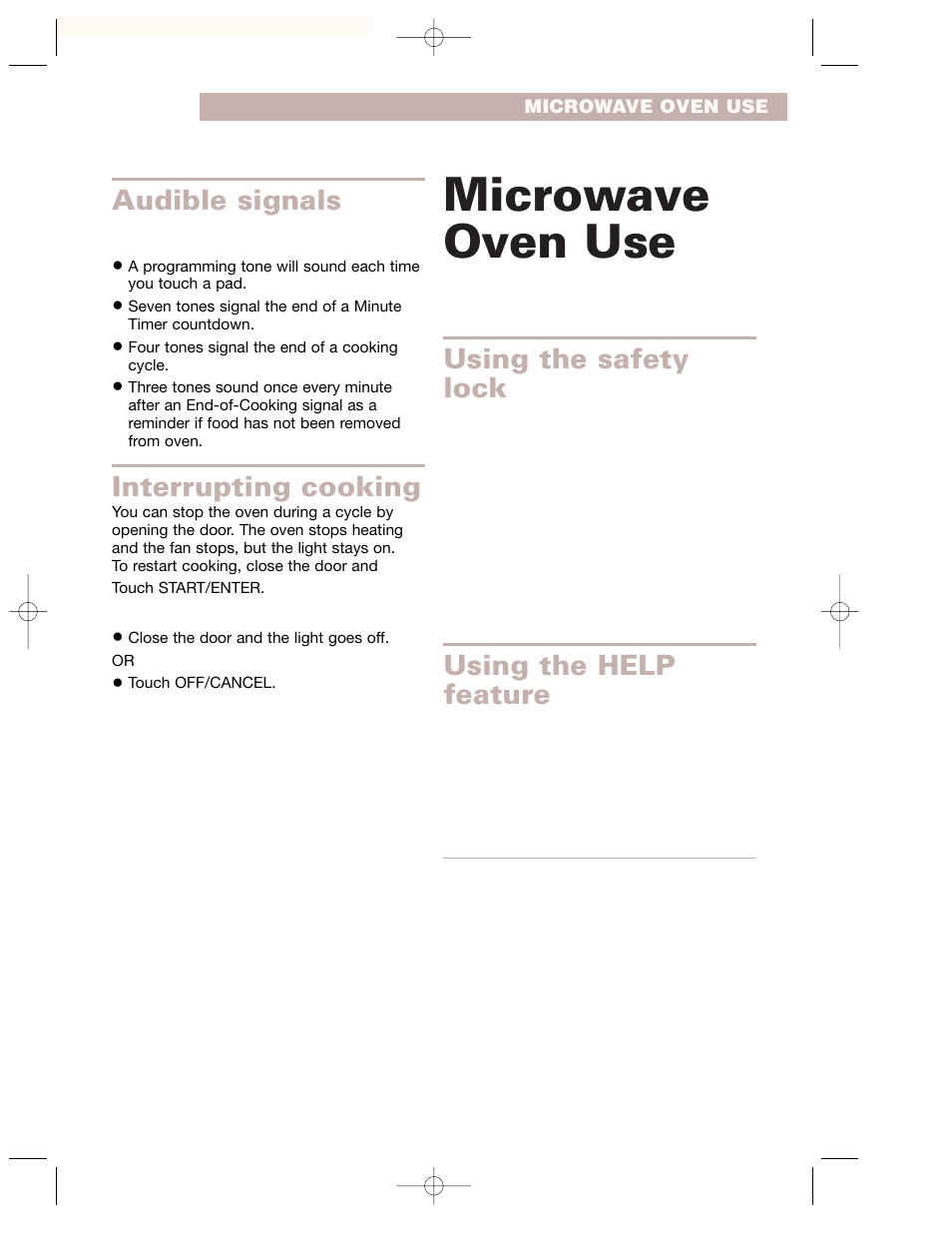 Audible signals, Interrupting cooking, Microwave oven use | Using the safety lock, Using the help feature | Whirlpool GH7155XKQ User Manual | Page 11 / 30