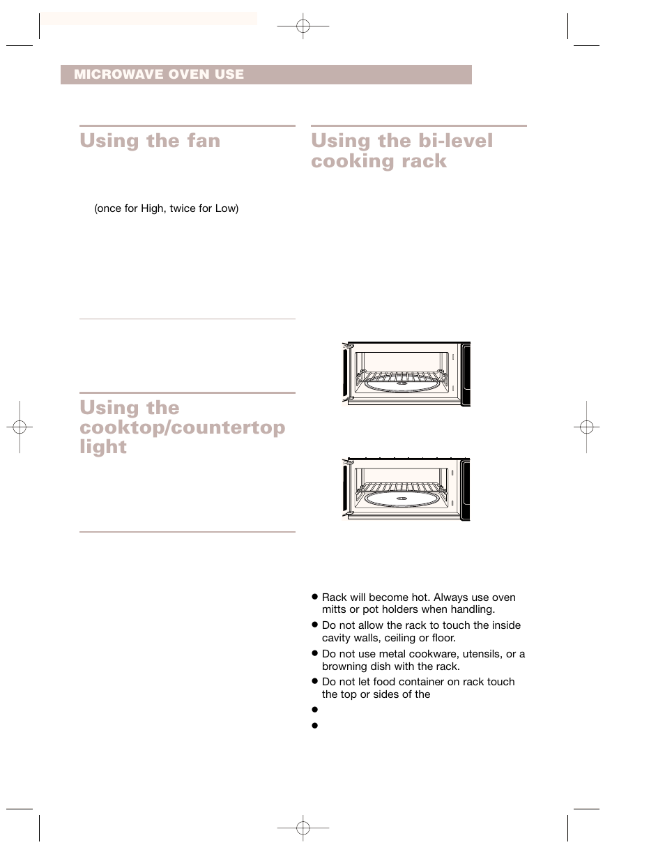Using the fan, Using the bi-level cooking rack, Using the cooktop/countertop light | Whirlpool GH7155XKQ User Manual | Page 12 / 30