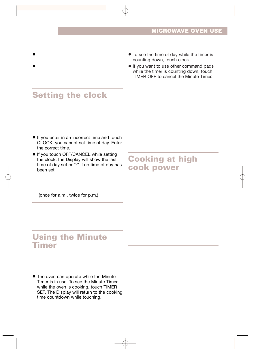 Setting the clock, Cooking at high cook power, Using the minute timer | Whirlpool GH7155XKQ User Manual | Page 13 / 30
