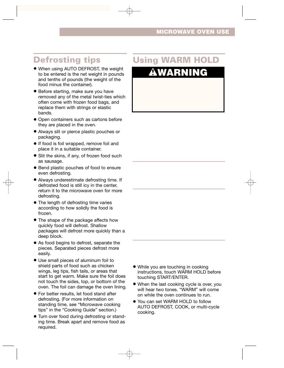 Defrosting tips, Using warm hold, Wwarning | Whirlpool GH7155XKQ User Manual | Page 17 / 30