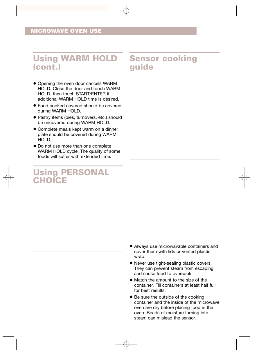 Using personal choice, Sensor cooking guide, Using warm hold (cont.) | Whirlpool GH7155XKQ User Manual | Page 18 / 30