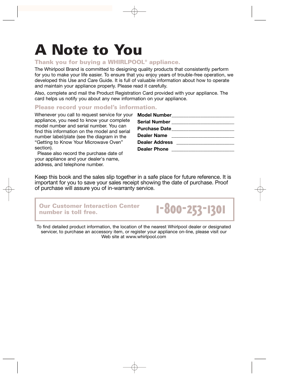 A note to you | Whirlpool GH7155XKQ User Manual | Page 2 / 30