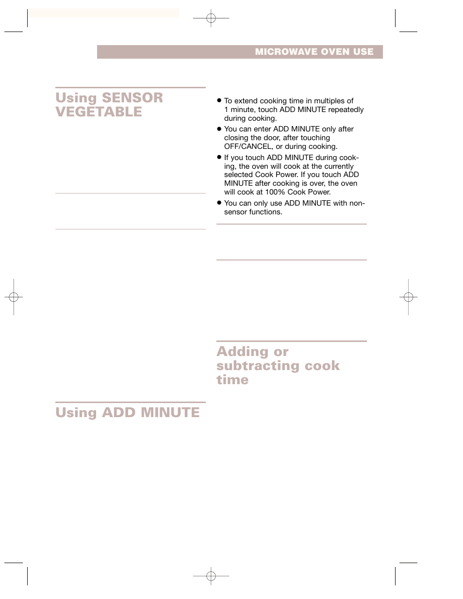 Using sensor vegetable, Using add minute, Adding or subtraction cook time | Adding or subtracting cook time | Whirlpool GH7155XKQ User Manual | Page 21 / 30