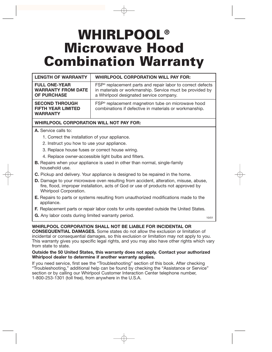 Warranty, Whirlpool, Microwave hood combination warranty | Whirlpool GH7155XKQ User Manual | Page 30 / 30