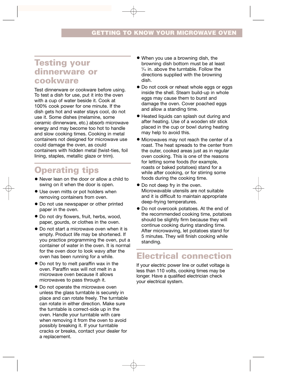 Testing your dinnerware or cookware, Operating tips, Electrical connection | Whirlpool GH7155XKQ User Manual | Page 7 / 30