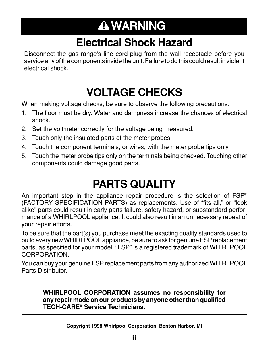 Electrical shock hazard, Voltage checks, Parts quality | Whirlpool 4322452 User Manual | Page 2 / 88