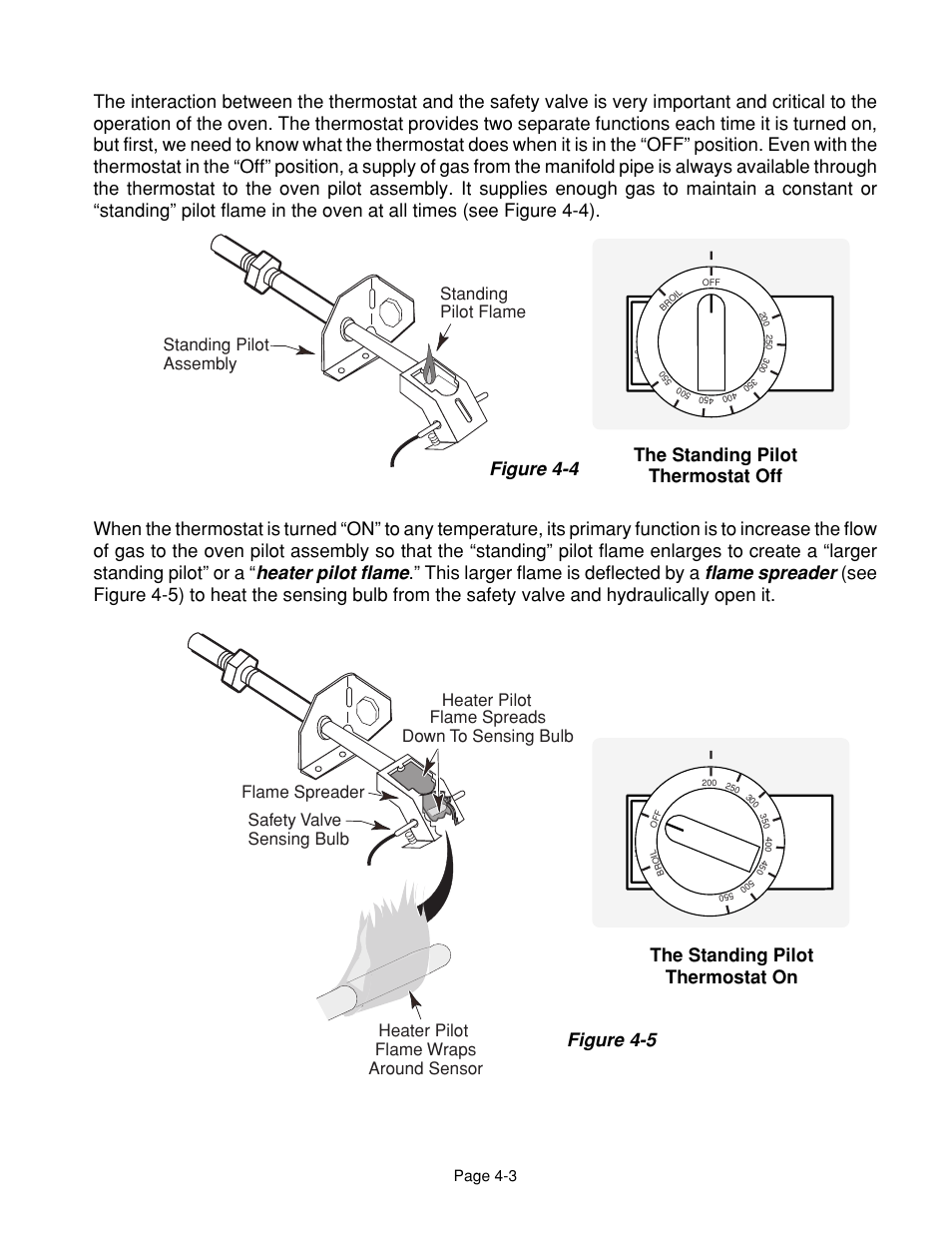 Heater pilot flame, Flame spreader, Figure 4-4 | Figure 4-5, This larger flame is deflected by a, Standing pilot flame standing pilot assembly | Whirlpool 4322452 User Manual | Page 47 / 88