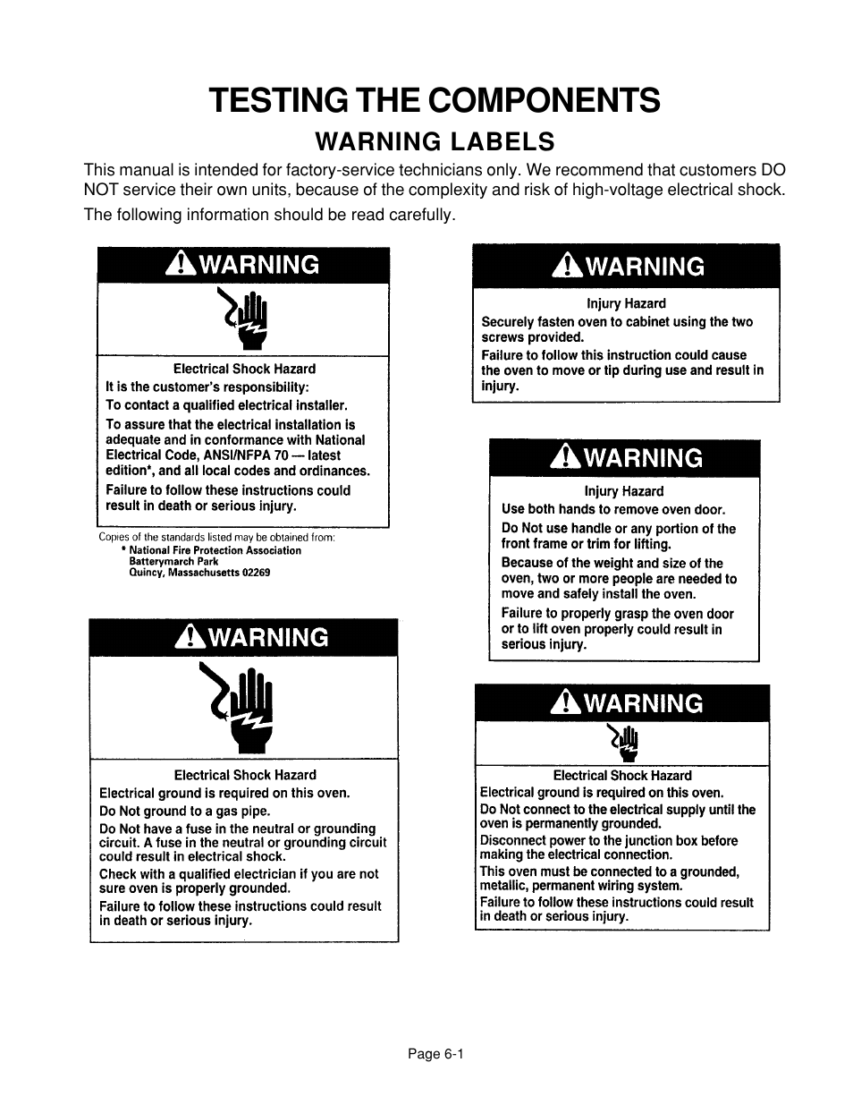 Testing the components, Warning labels | Whirlpool 4322452 User Manual | Page 71 / 88