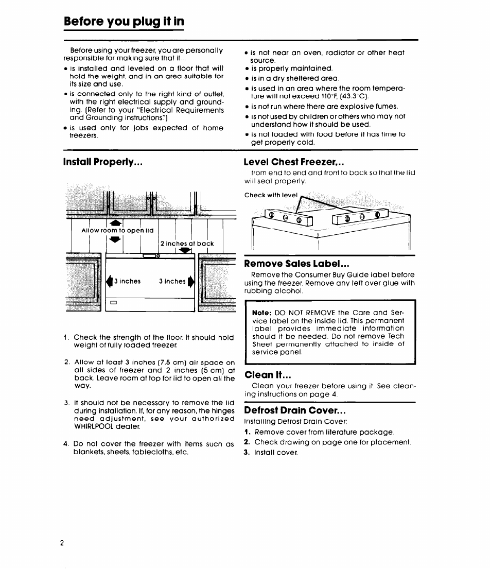 Before you plug it in, Allow room to open lid 2 ine hes c ’vi it bo, 3 inches 3 inches | Whirlpool EHISOCXL User Manual | Page 2 / 8