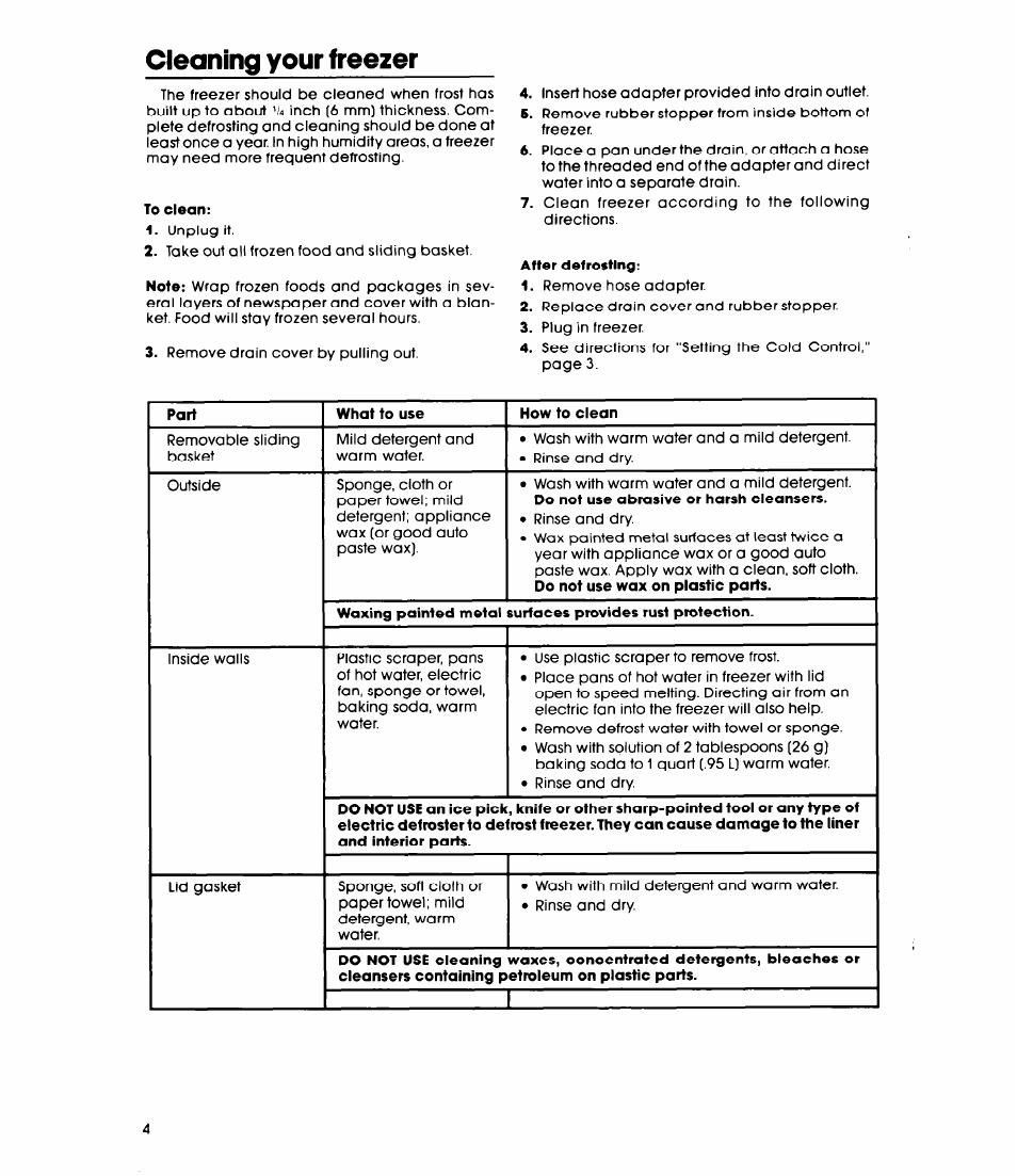 Cleaning your freezer, To clean, After defrosting | Whirlpool EHISOCXL User Manual | Page 4 / 8