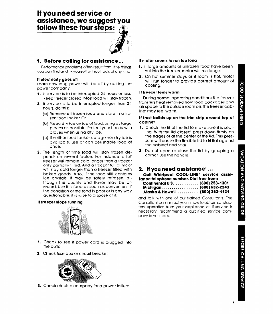 If elecfricify goes off, If motor seems to run too long, If freezer feels warm | Whirlpool EHISOCXL User Manual | Page 7 / 8