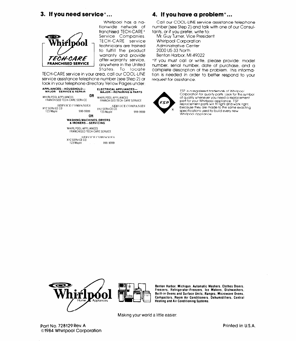 If you need service, If you have a problem, Wwrip2)l | Whirl | Whirlpool EHISOCXL User Manual | Page 8 / 8