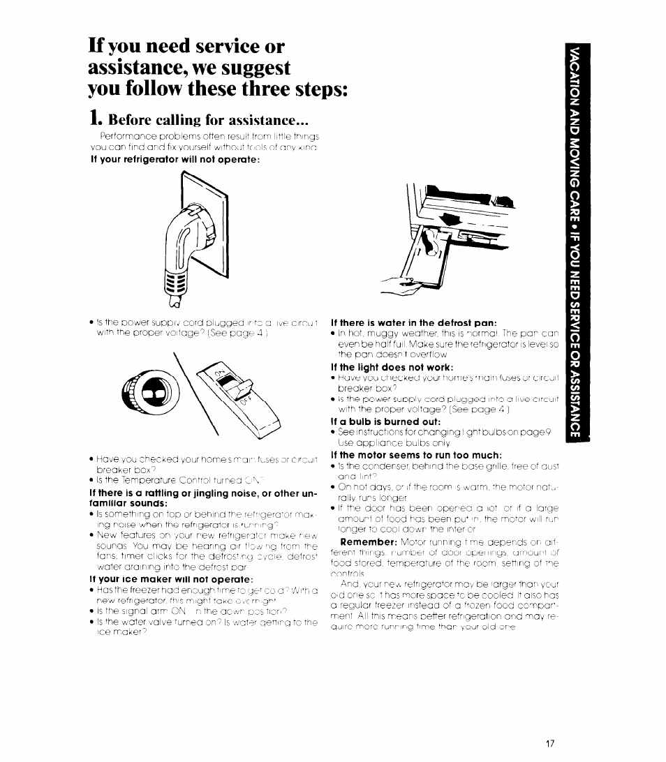 Before calling for assistance, 1, before calling for assistance | Whirlpool 3ED26MM User Manual | Page 17 / 20