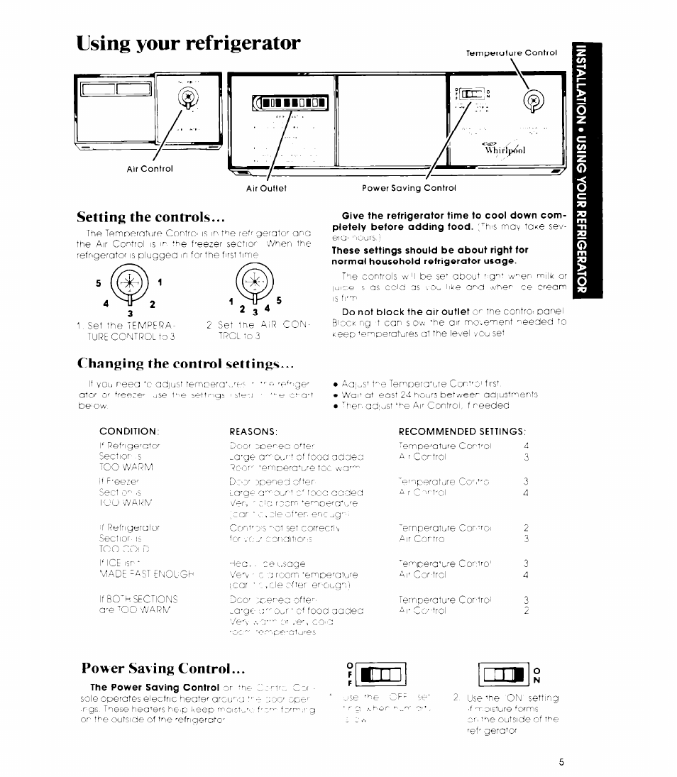 Using your refrigerator, Setting the controls, Changing the control settings | Power saving control | Whirlpool 3ED26MM User Manual | Page 5 / 20