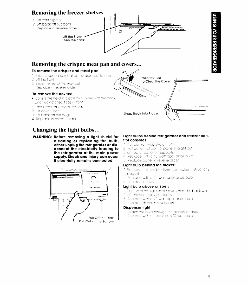 Removing the erisper, meat pan and covers, Changing the light bulbs | Whirlpool 3ED26MM User Manual | Page 9 / 20