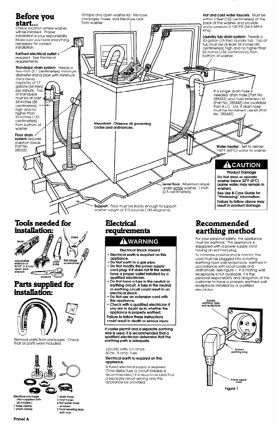 Before yott start, Tools needed for installation, Parts siq)pfied for installation | Requirements, Recommended earthing method, Caution, Warning | Whirlpool 60-Hz Models User Manual | Page 2 / 5