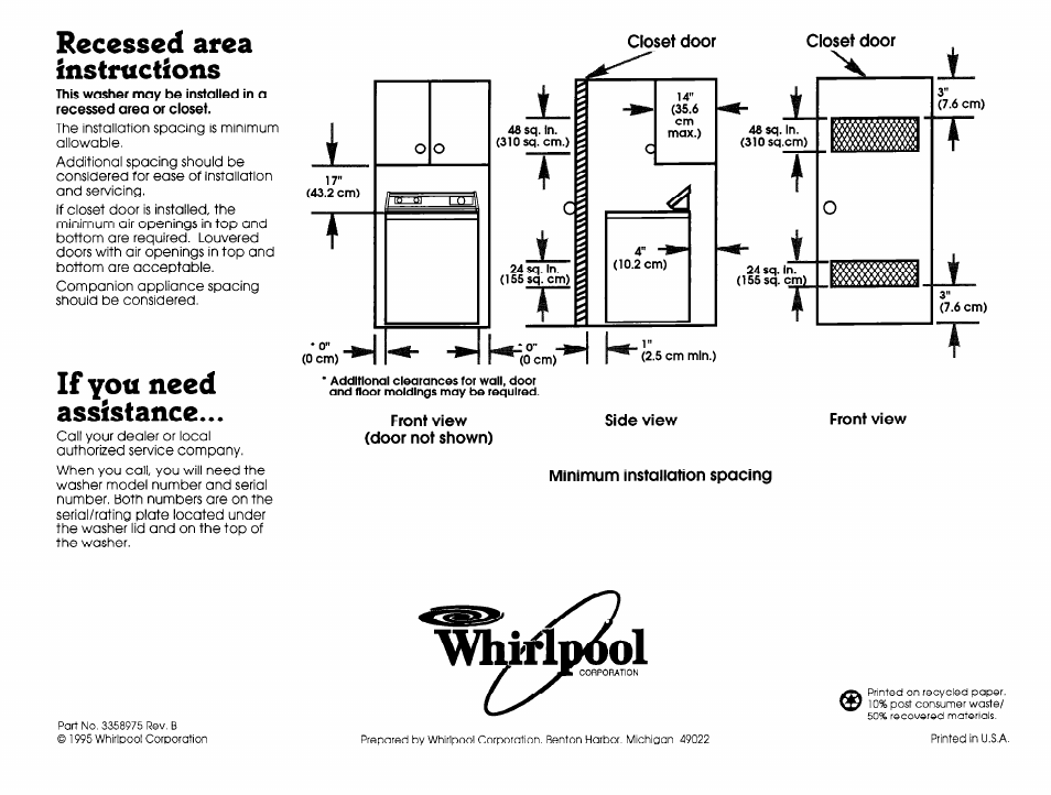 Recessed area instructions, If you need assistance | Whirlpool 60-Hz Models User Manual | Page 5 / 5