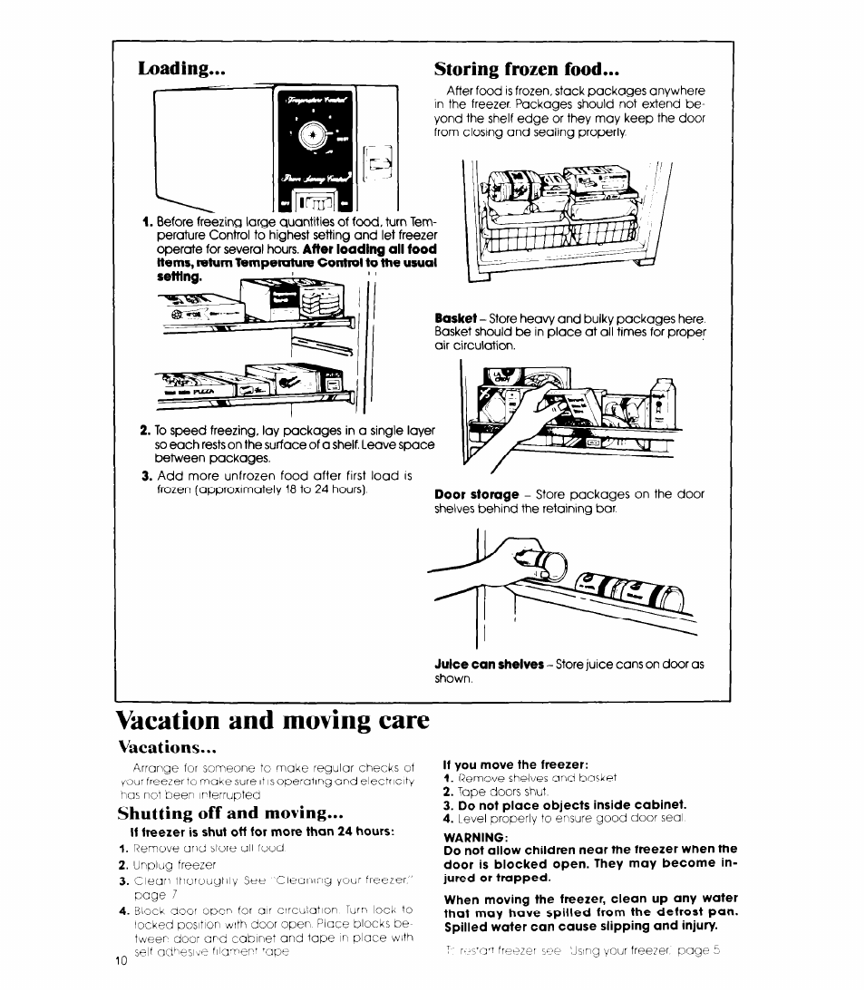 Loading, Storing frozen food, Vacation and moving care | Vacations, Shutting off and moving, Loading... storing frozen food | Whirlpool EVISHEXP User Manual | Page 10 / 12