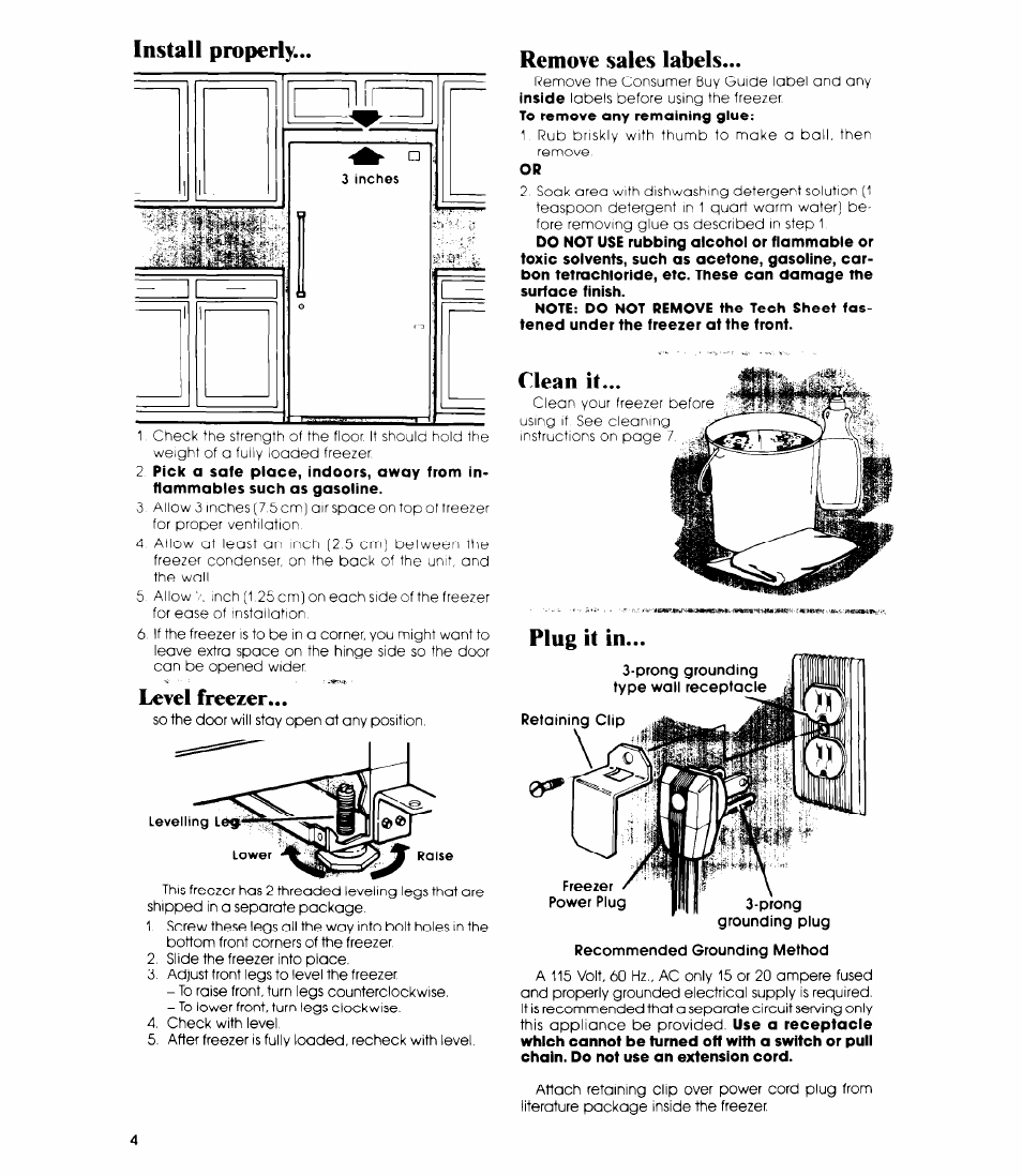 Install properly, Level freezer, Remove sales labels | Plug it in, Recommended grounding method, Install properly level freezer remove sales labels, Clean it | Whirlpool EVISHEXP User Manual | Page 4 / 12