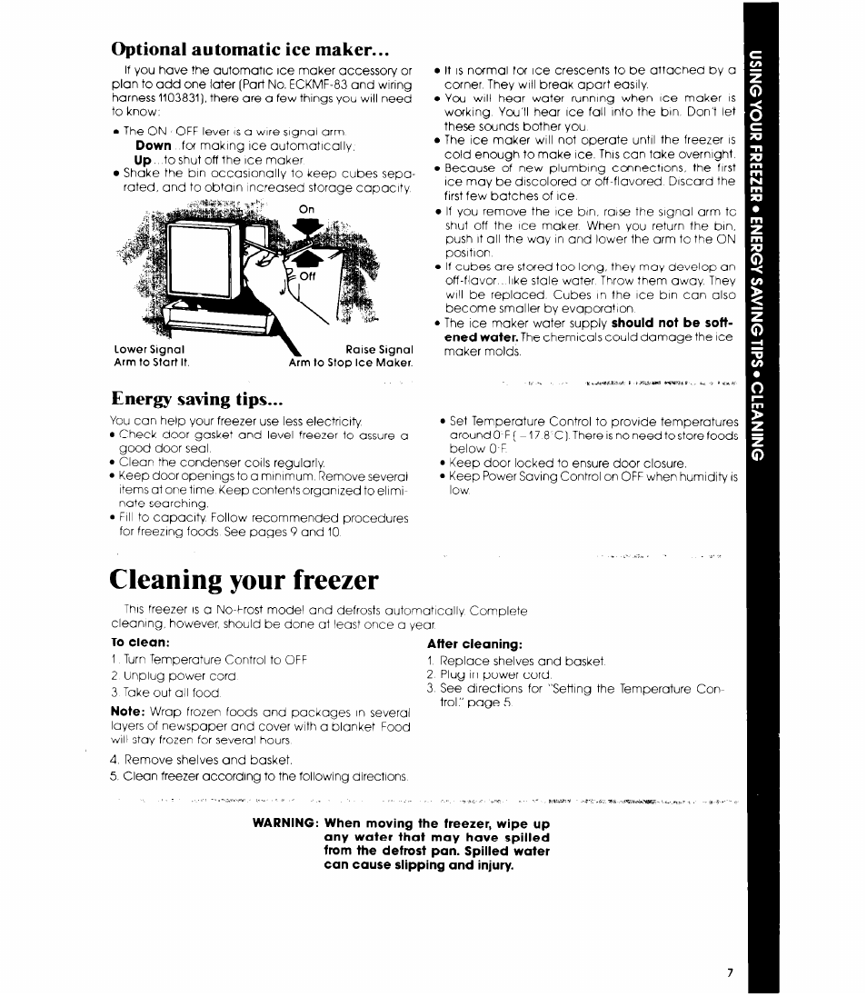 Cleaning your freezer, To clean, Optional automatic ice maker | Energy saving tips | Whirlpool EVISHEXP User Manual | Page 7 / 12