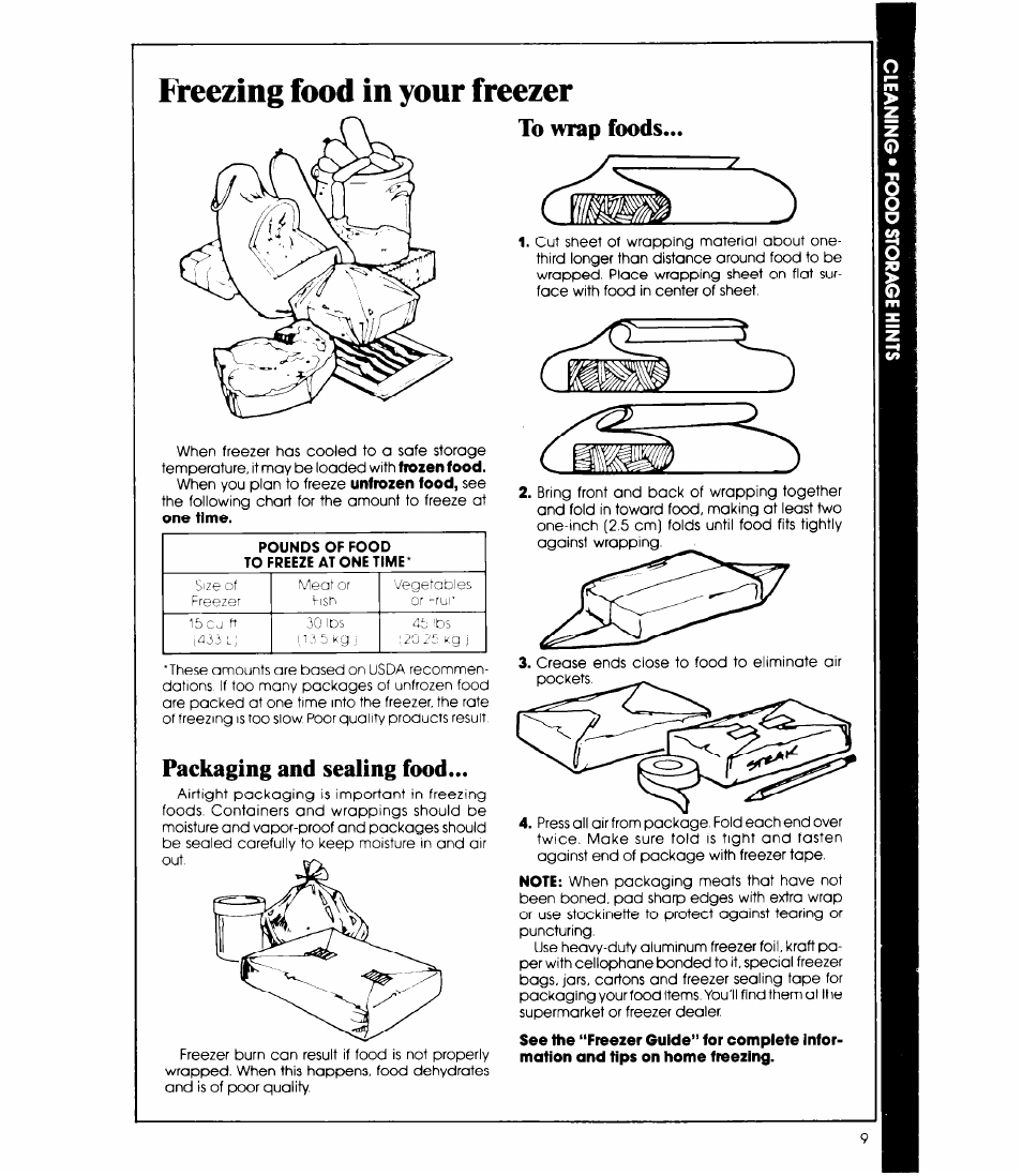 Freezing food in your freezer, To nrap foods, Packaging and sealing food | Whirlpool EVISHEXP User Manual | Page 9 / 12