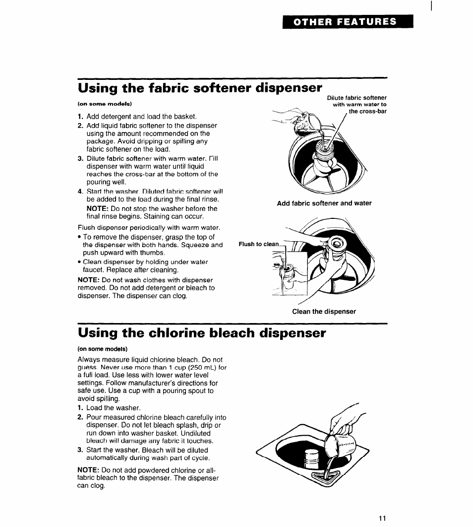 Using the fabric softener dispenser, Using the chlorine bleach dispenser | Whirlpool Roper RAL6245BL0 User Manual | Page 11 / 24
