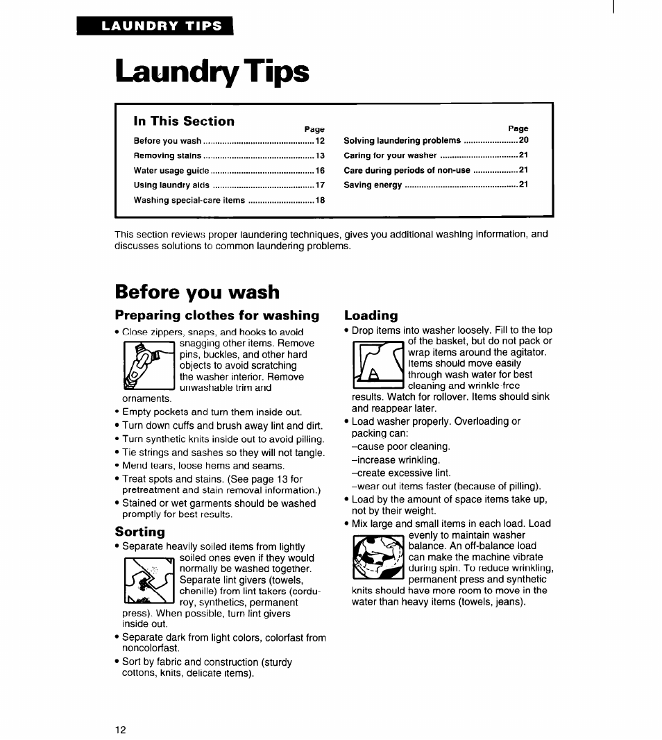 Laundry tips, Before you wash, Preparing clothes for washing | Sorting, Loading | Whirlpool Roper RAL6245BL0 User Manual | Page 12 / 24