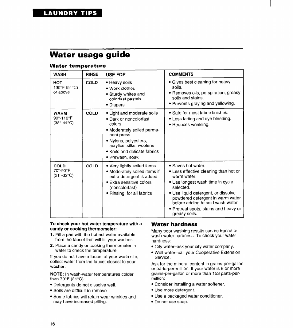 Water usage guide, Water temperature, Water hardness | Laundry tips | Whirlpool Roper RAL6245BL0 User Manual | Page 16 / 24