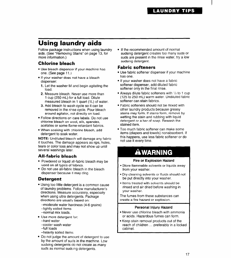 Using laundry aids, Chlorine bleach, All-fabric bleach | Detergent, Fabric softeners, Fire or explosion hazard, Warning | Whirlpool Roper RAL6245BL0 User Manual | Page 17 / 24