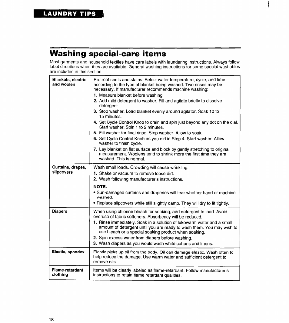 Washing special-care items, Blankets, electric and woolen, Curtains, drapes, slipcovers | Note, Diapers, Elastic, spandex, Flame-retardant, Laundry tips | Whirlpool Roper RAL6245BL0 User Manual | Page 18 / 24