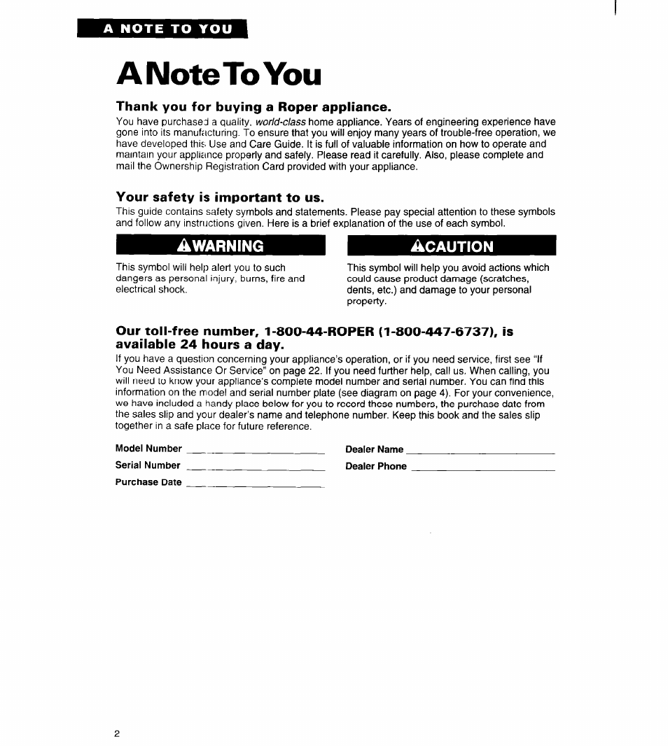 A note to you, Thank you for buying a roper appliance, Your safety is important to us | Awarning | Whirlpool Roper RAL6245BL0 User Manual | Page 2 / 24