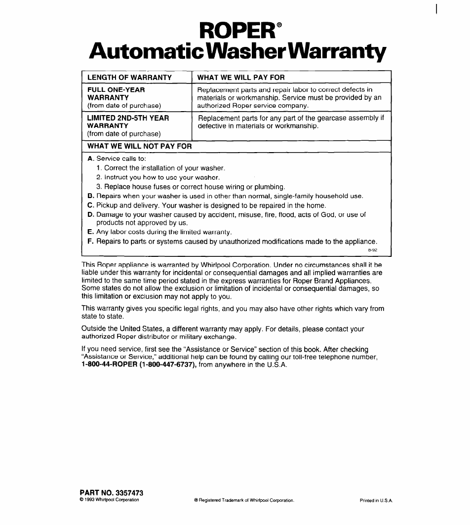 Ropera, Automatic washer warranty, Part no. 3357473 | Ropera automatic washer warranty | Whirlpool Roper RAL6245BL0 User Manual | Page 24 / 24