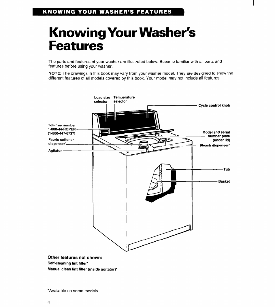 Knowing your washer's features, Knowing your washer’s features | Whirlpool Roper RAL6245BL0 User Manual | Page 4 / 24