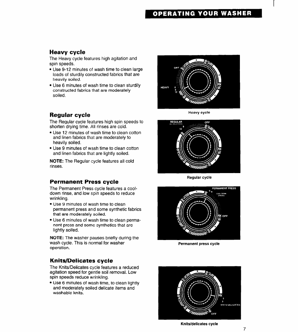 Heavy cycle, Regular cycle, Permanent press cycle | Knits/delicates cycle, Operating your washer heavy cycle | Whirlpool Roper RAL6245BL0 User Manual | Page 7 / 24