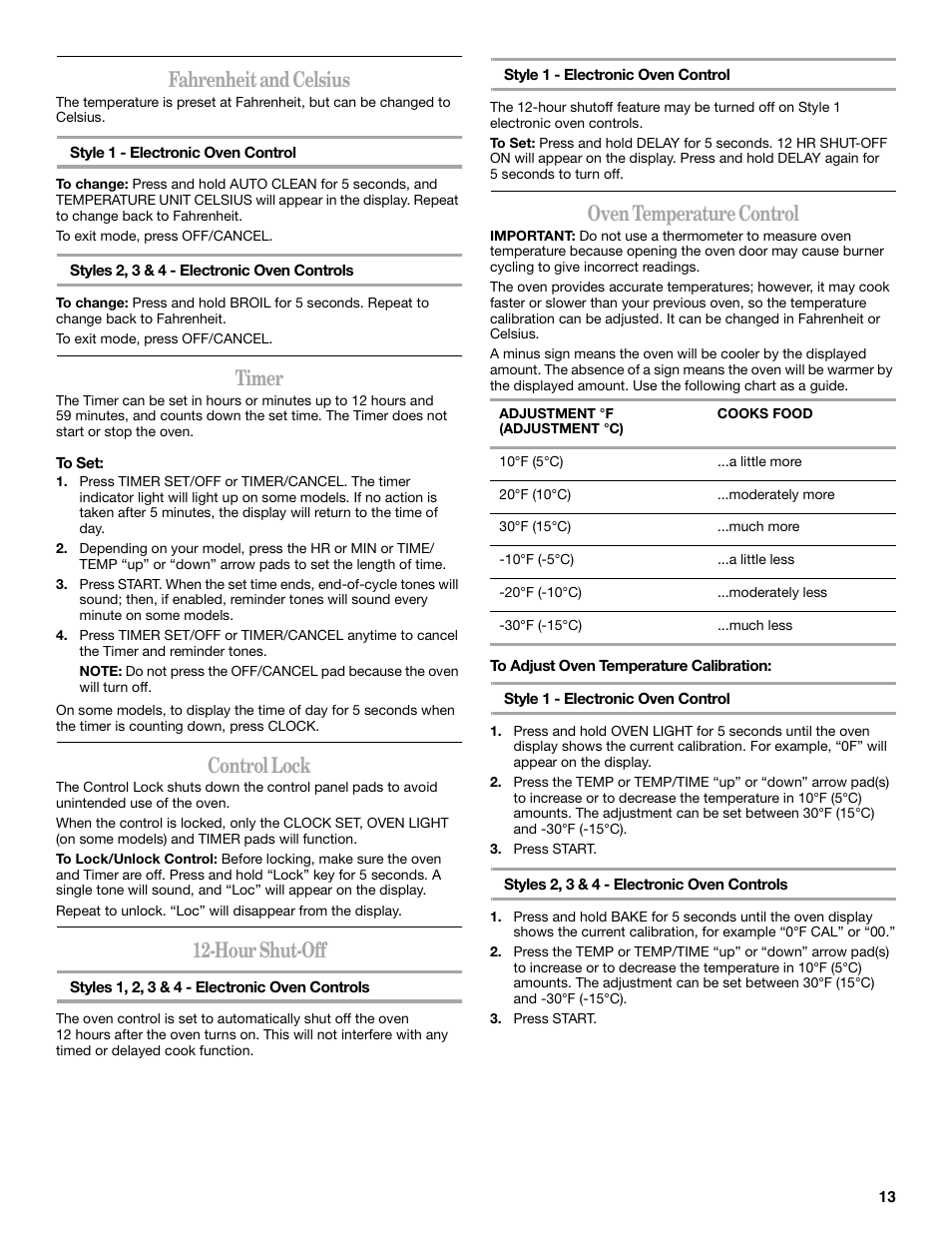 Fahrenheit and celsius, Timer, Control lock | Hour shut-off, Oven temperature control | Whirlpool 9763069 User Manual | Page 13 / 28