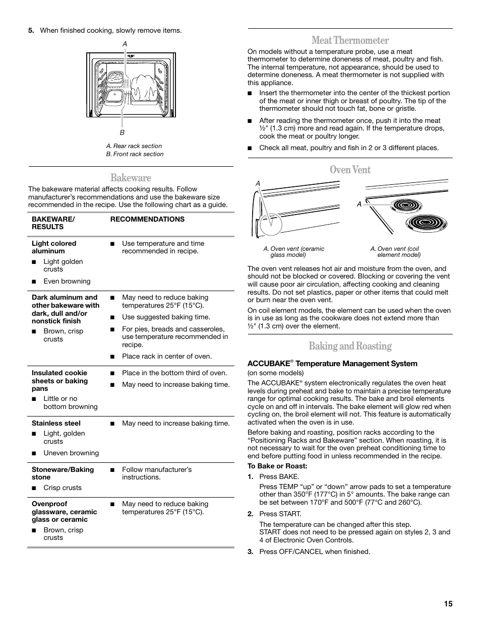 Bakeware, Meat thermometer, Oven vent | Baking and roasting | Whirlpool 9763069 User Manual | Page 15 / 28