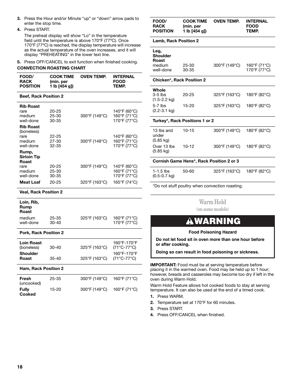 Warning, Warm hold | Whirlpool 9763069 User Manual | Page 18 / 28