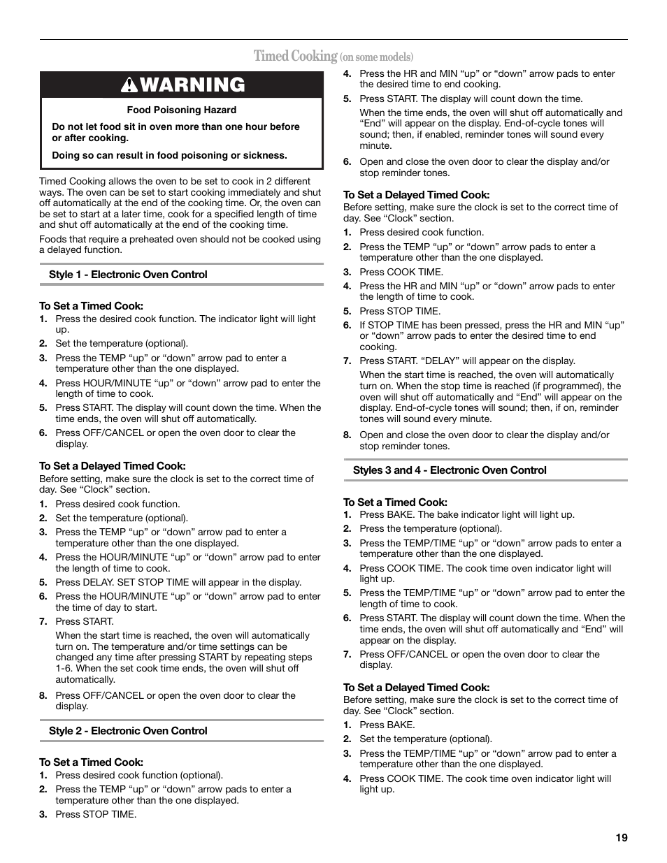 Warning, Timed cooking | Whirlpool 9763069 User Manual | Page 19 / 28
