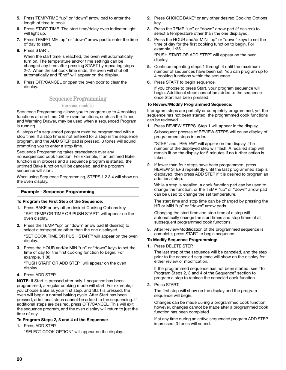 Sequence programming | Whirlpool 9763069 User Manual | Page 20 / 28