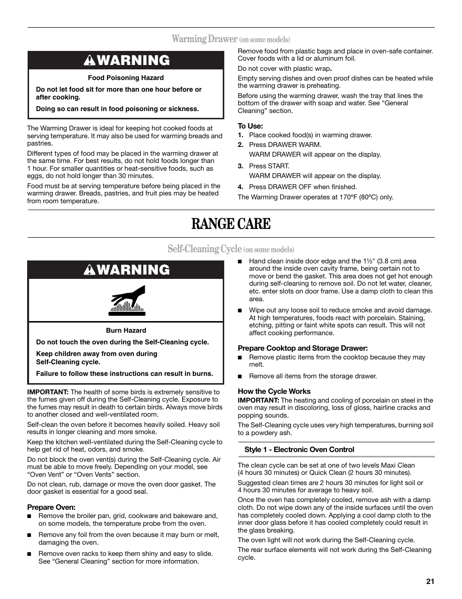 Range care, Warning, Warming drawer | Self-cleaning cycle | Whirlpool 9763069 User Manual | Page 21 / 28