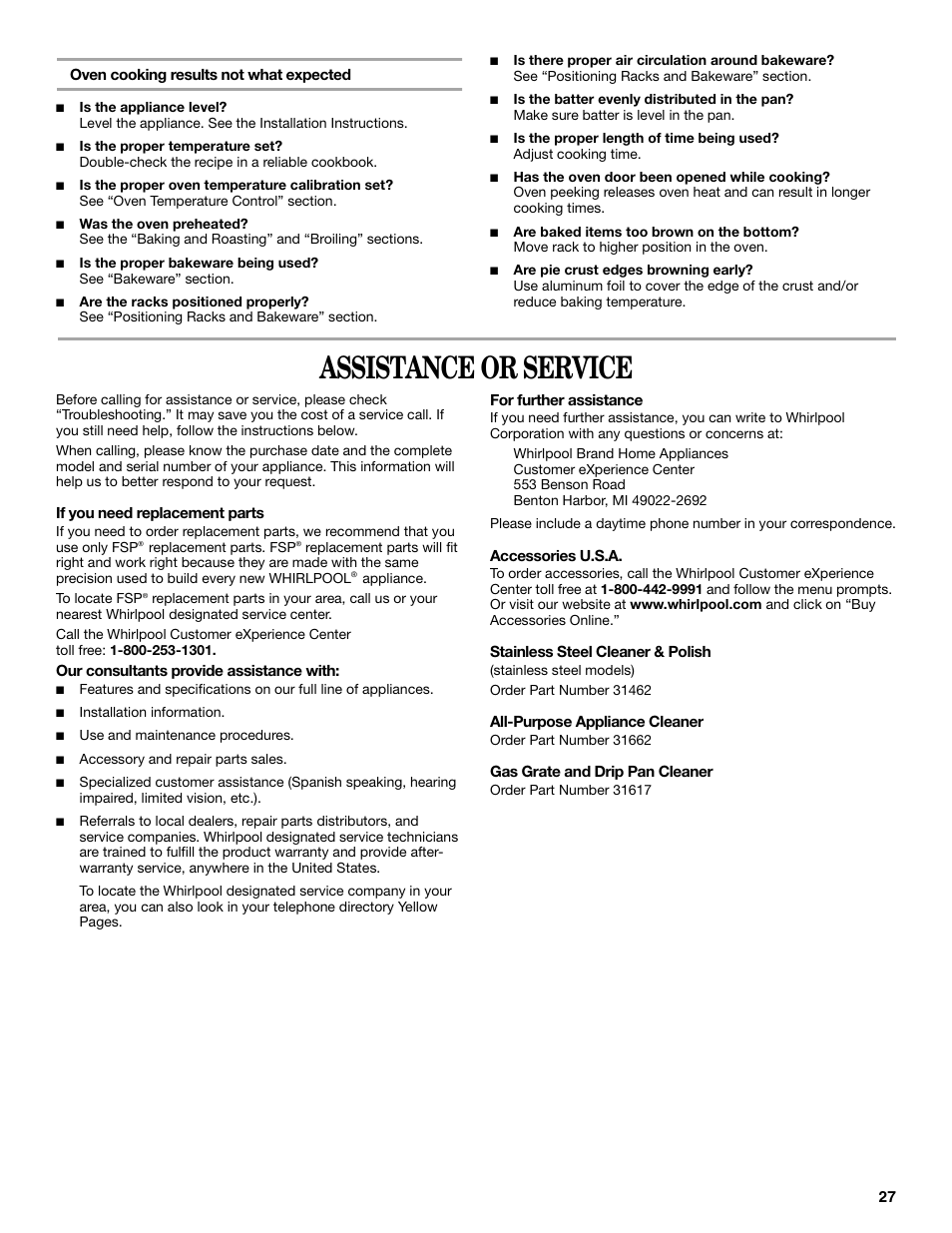 Assistance or service | Whirlpool 9763069 User Manual | Page 27 / 28