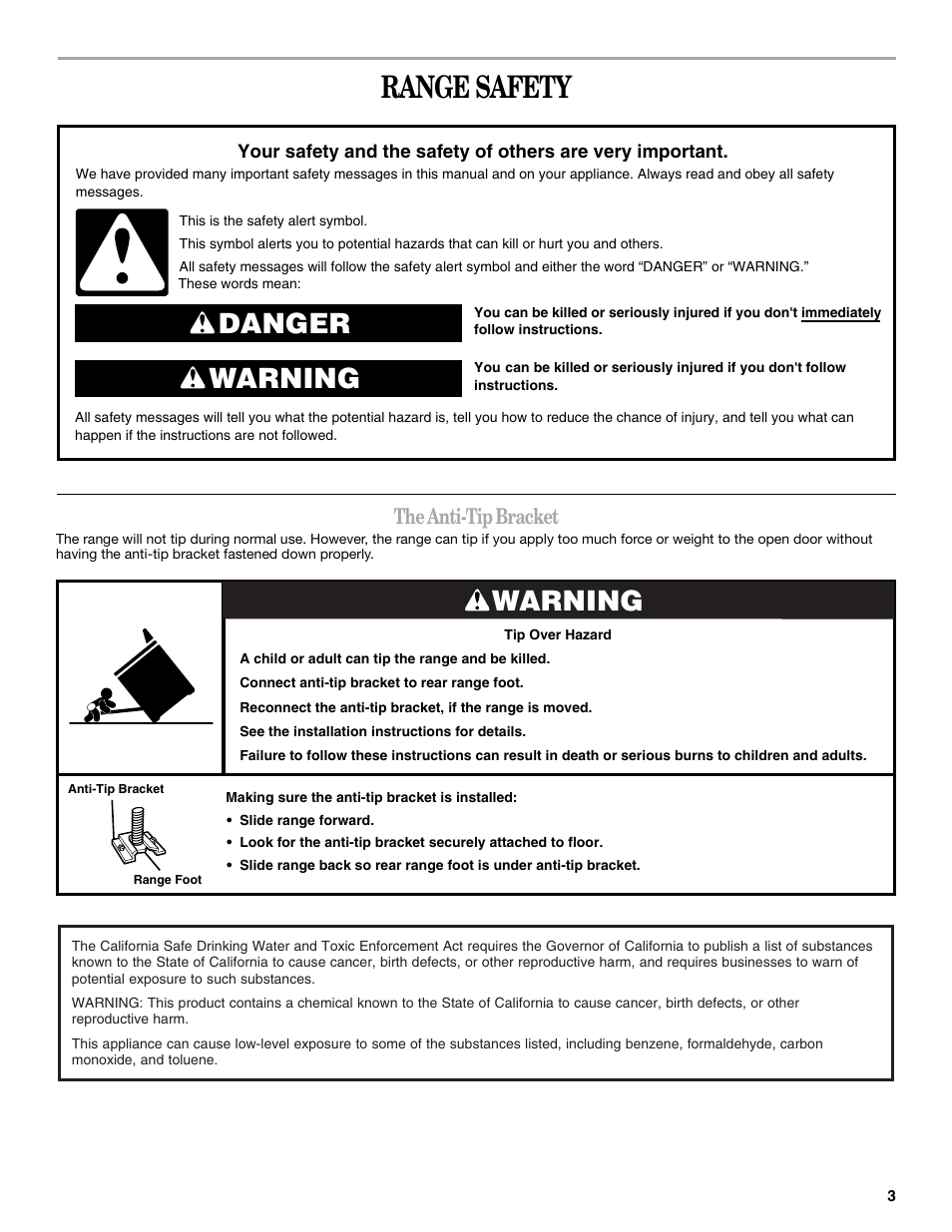Range safety, Danger warning, Warning | The anti-tip bracket | Whirlpool 9763069 User Manual | Page 3 / 28