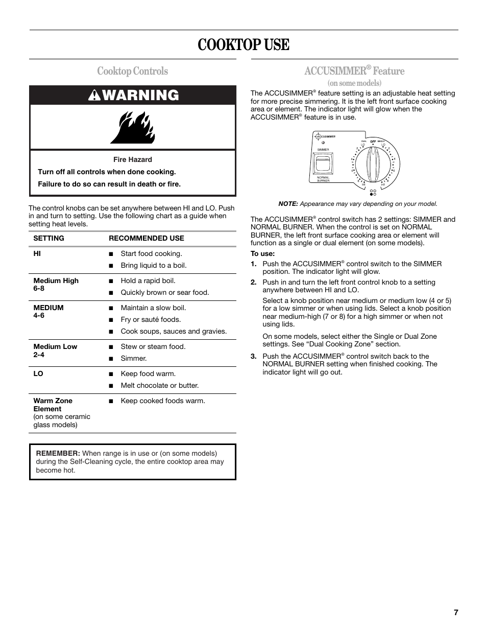 Cooktop use, Warning, Cooktop controls | Accusimmer, Feature | Whirlpool 9763069 User Manual | Page 7 / 28